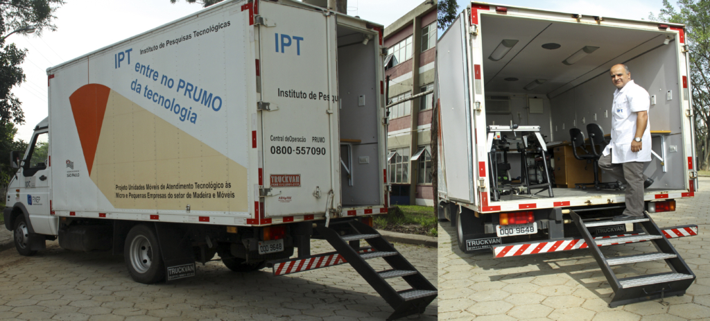 Unidade móvel de atendimento a pequenas indústrias moveleiras e Eliseu Silva, um dos técnicos especializados. 